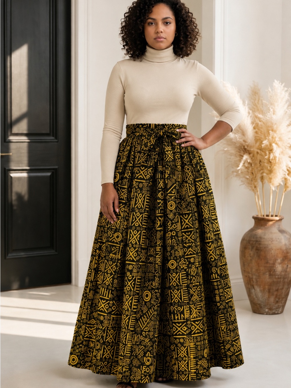 High-Waist Black & Mustard Patterned Maxi Skirt with coordinated head wrap